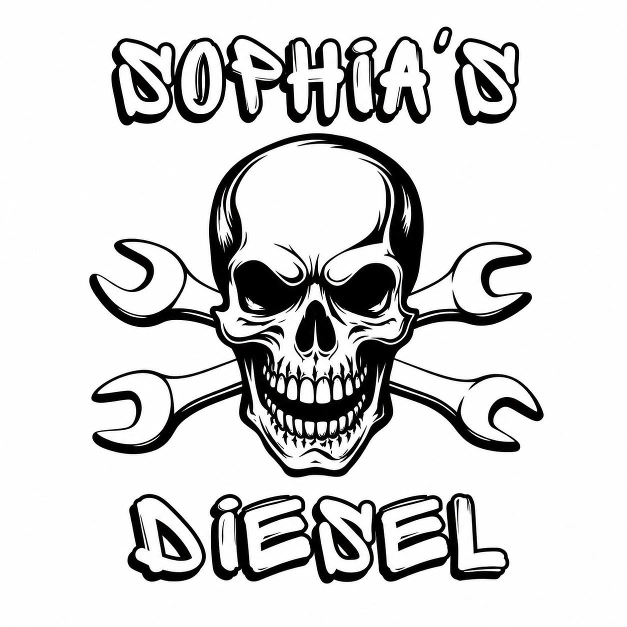 Sophia’s Diesel skull and crossed wrenches logo in bright green