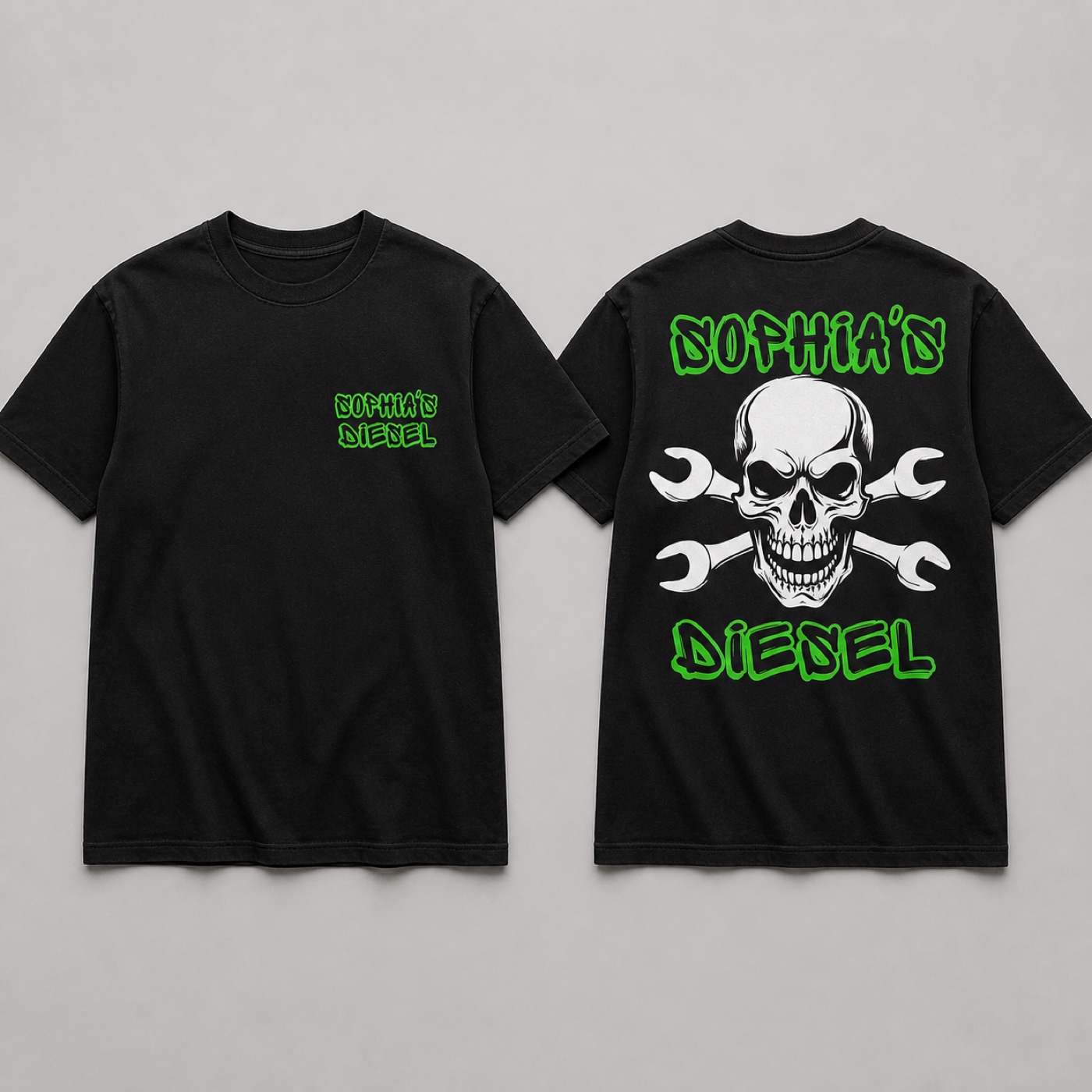 Sophia’s Diesel shirt concept, front and back: black tees with neon-green lettering and a white skull and crossed wrenches on the back